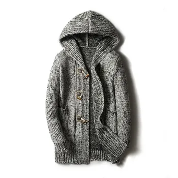 

2020 Hooded Mens Sweater Cardigan Large Size M-5XL Knitted Outwear Coat Personality Buckle Design Long Coat Jaqueta Masculino