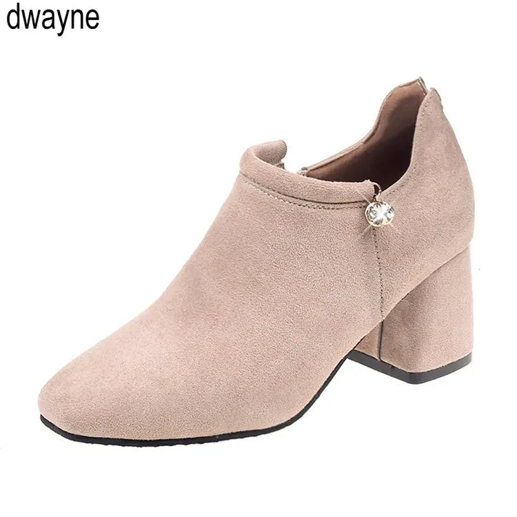 

Ankle Boots For Women Fashion Crystal Casual Shoes Female Flock Mid Square Heels Footwear Ladies Elegant Zipper Flats Hot 698