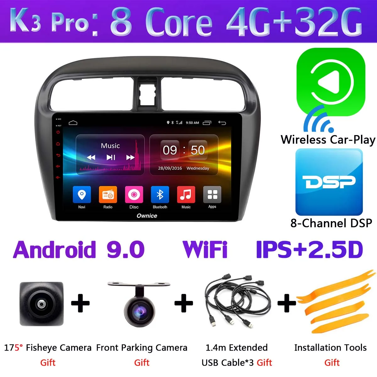 360 ° AHD DVR камера 4GSIM wifi Android 9,0 8Core 4+ 64G SPDIF DSP CarPlay gps радио для Mitsubishi Mirage Attrage GT G46 2012 - Цвет: K3 Pro CarPlay