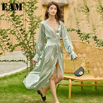 

[EAM] Women Green Pleated Irregular Split Long Dress New V-Neck Long Sleeve Loose Fit Fashion Tide Spring Autumn 2020 1Z463