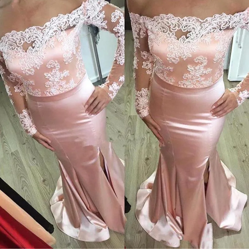 

Pink Prom Dresses Lace Long Sleeves Sexy Slit Formal Special Occasion Party Gown Custom Size Women Evening Dress abiti da sera