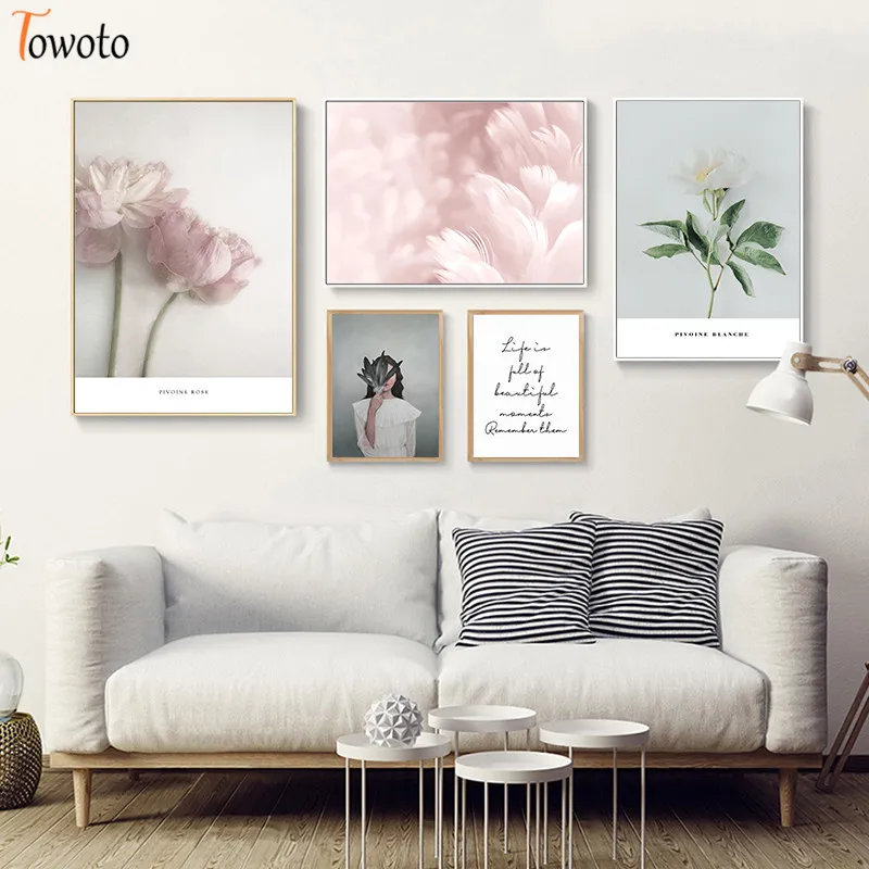 Розовый и цветочным рисунком Penoy для холст картины Nordic плакат 50x70 девушке