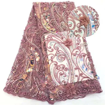 

2019 French net lace fabric African sequins lace fabric 3 D flower lace fabric with sequins for party dress