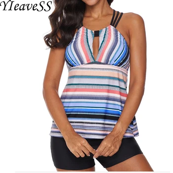 

High Cut Swimdress Plus Size Tankini Swimsuits Striped Printed Swimwear Women Ladies Push Up With Shorts Sport Two Pieces