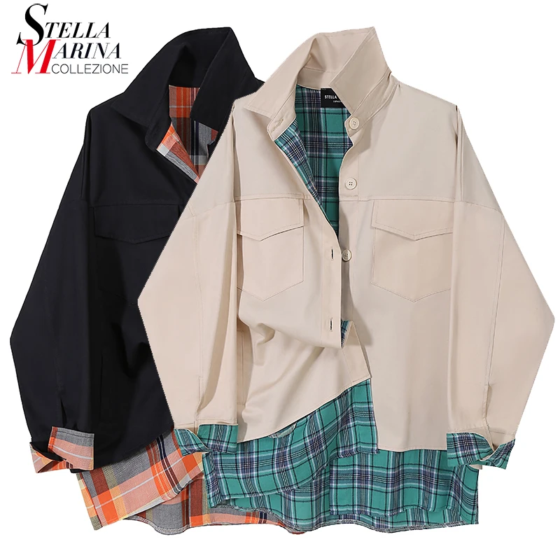 Fake Two Woman Autumn Black Khaki Plaid Patchwork