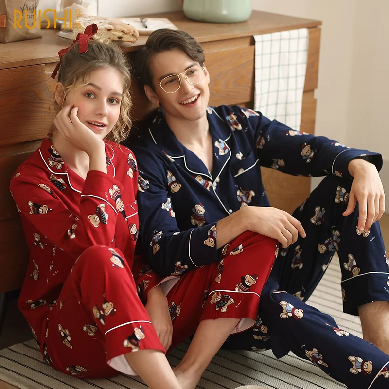 J & Q Новый Pijamas Hombre Хлопок Длинные рукава с отворотами для мужчин и женщин пижамы милый медведь печати кардиган бренд пара Pyjama