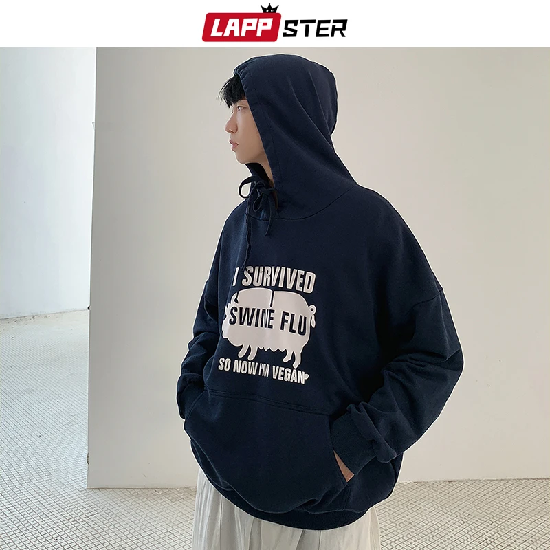 LAPPSTER Мужская негабаритная Толстовка Harajuku с капюшоном Мужская корейская мода толстовки Толстовка уличная хип хоп темно-синяя Толстовка