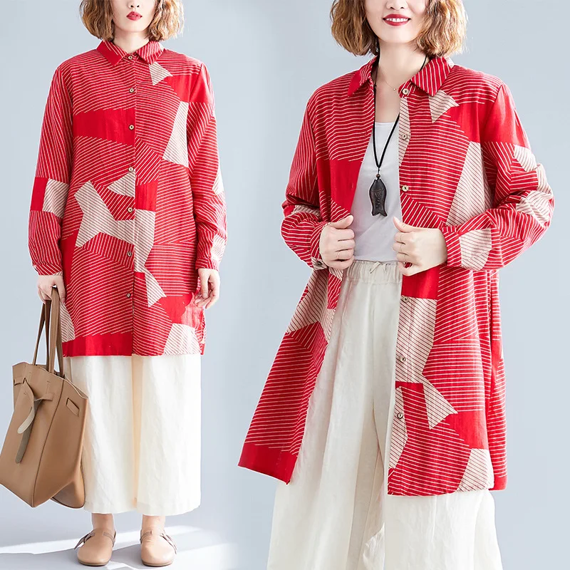 #Special Offers 2019 Autumn Clothing New Style Korean-style Literature And Art Printed Long-sleeved Shirt Fat Mm Slimming Comfortable Fold-down