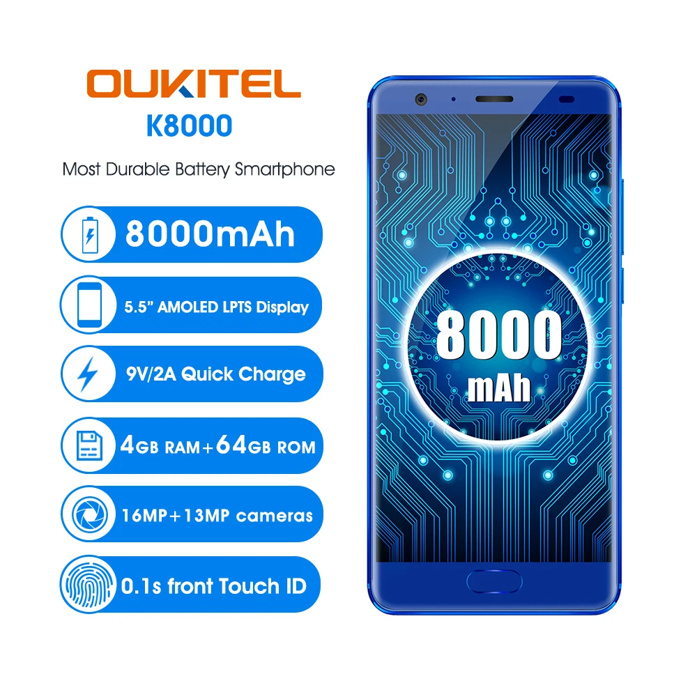 OUKITEL K8000 Android 7,0 5,5 'мобильный телефон Восьмиядерный 4 Гб 64 Гб 8000 мАч 13.0MP+ 16.0MP задний сотовый телефон с камерами Передний сенсорный ID Разблокировка