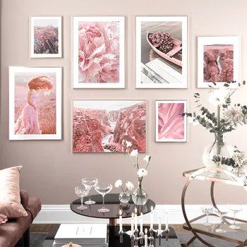 

Pink Peony Mountain Ferry Girl Landscape Wall Art Canvas Painting Nordic Posters And Prints Wall Pictures For Living Room Decor