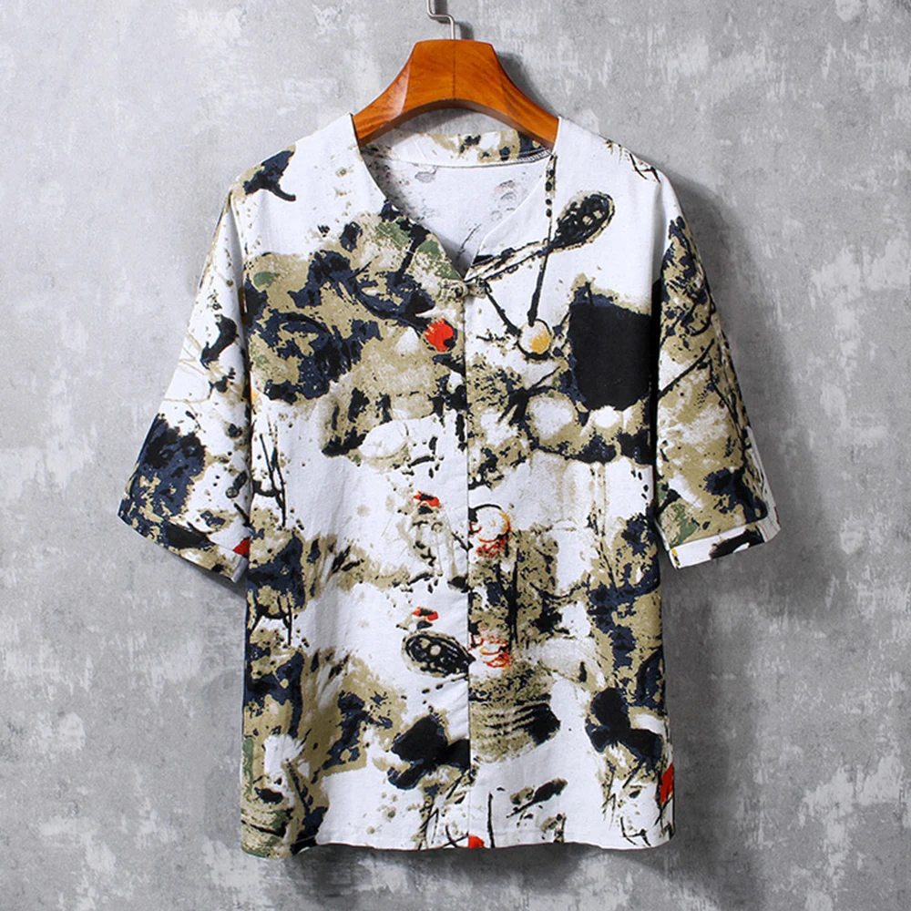

Summer New Men's Shirt Chinese Ink Print Top Round Neck Short Sleeve Casual Loose Fashion Hawaiian men's shirt