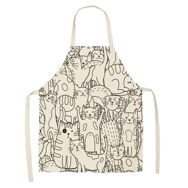 1Pcs Kitchen Apron Cute Cartoon Cat Printed Sleeveless Cotton Linen Aprons for Men Women Home Cleaning Tools WQTF14