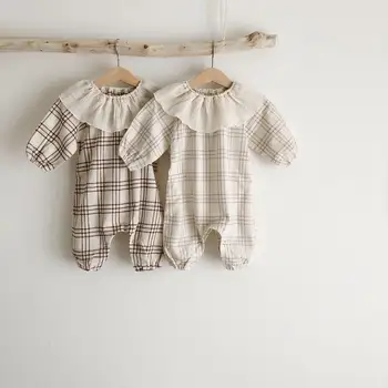 

2020 Spring Korean Style Infants Clothes Newborn Baby Plaid Rompers Ruffles Collar Long Sleeve Cotton Toddlers Kids Jumpsuits
