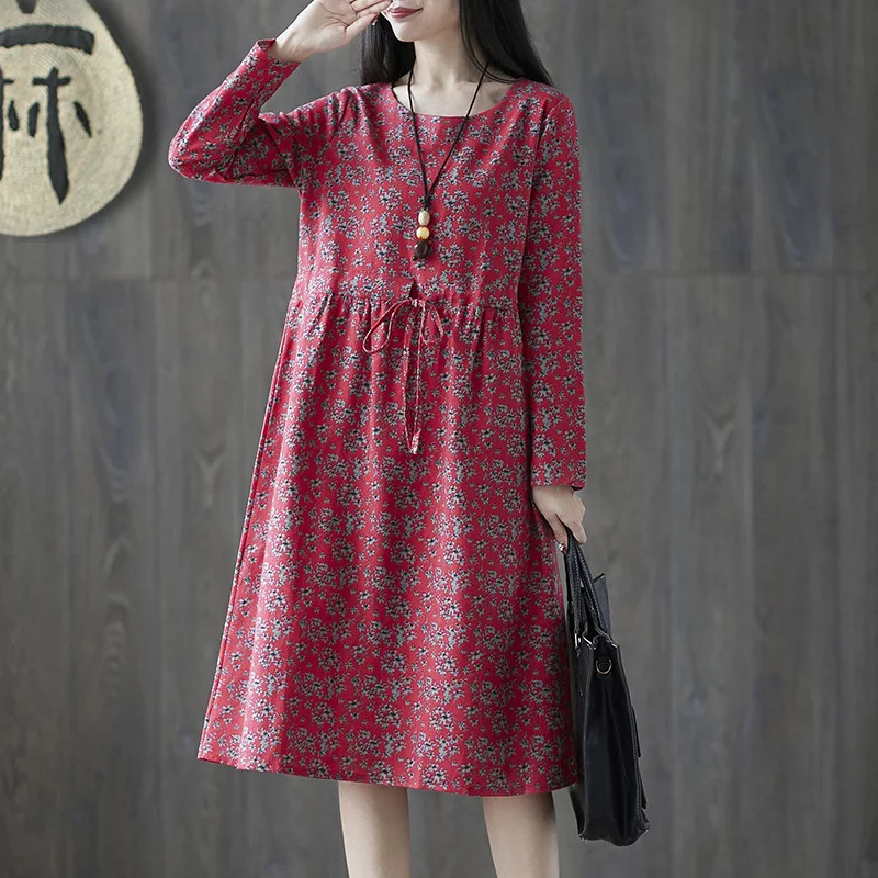 

2019 Autumn New Style Ethnic-Style Cotton Linen Large Size Floral-Print Long Sleeve Mid-length Waist Drawstring Big Hemline Dres