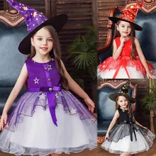 Новое фантазийное платье ведьмы со шляпой, комплект из 2 предметов, детская одежда для Хэллоуина, Косплэй костюм для костюм ведьмы для девочек, сценические платья Праздничная детская одежда