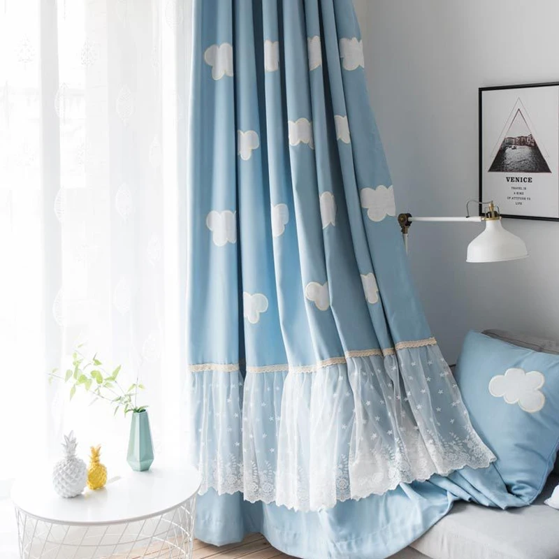 

Children's Room Curtains Clouds Patterns Blue Cartoon Cotton Linen Velvet Embroidered Curtains for Living Dining Room Bedroom