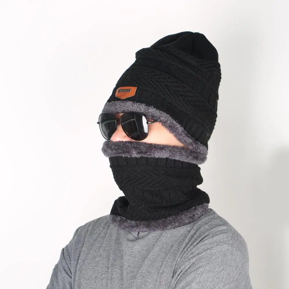 

Winter Knitted Skull Cap Black Plus Velvet Cap Neck Protector Warm Wool Cap Female Kids Bonnet Men Beanies Leather Hedging Hat