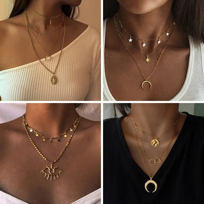 Boho Star Moon Bead Multilayer Chockers Necklace For Women Wedding  Necklaces Pendants Layering Chokers,Gold/Silver 