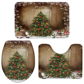 

3 Pieces Bathroom Set Merry Christmas Tree Gift Snowflake Bath Set Toilet Cover Mat Pedestal Rug Non-Slip Bathroom Rug Set