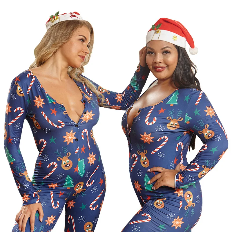 

Womenâ€™s Sexy Christmas Romper Pajamas Long Sleeve Button Front Deep V Neck One Piece Jumpsuit Pants