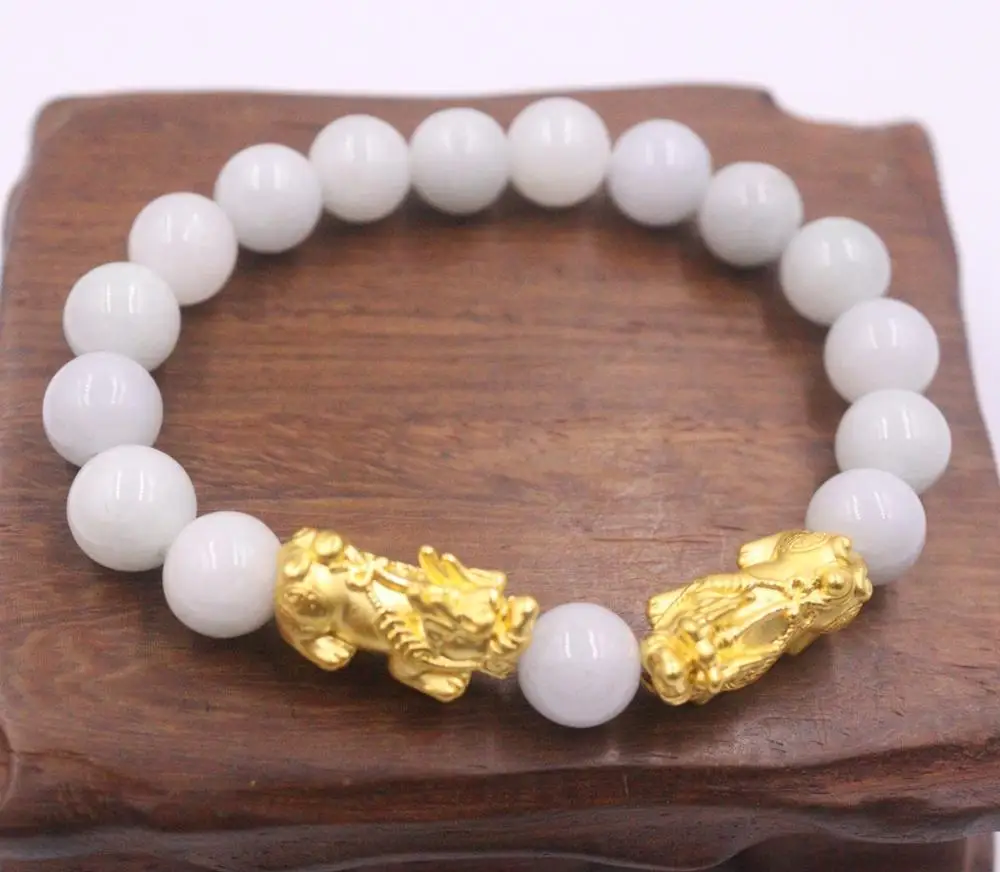 

Браслет из желтого золота 999 пробы, 24 к, цепочка из настоящего золота, подвески Pixiu и бусины из натурального нефрита, 8 мм для женщин и девушек, лучший подарок, ювелирные изделия