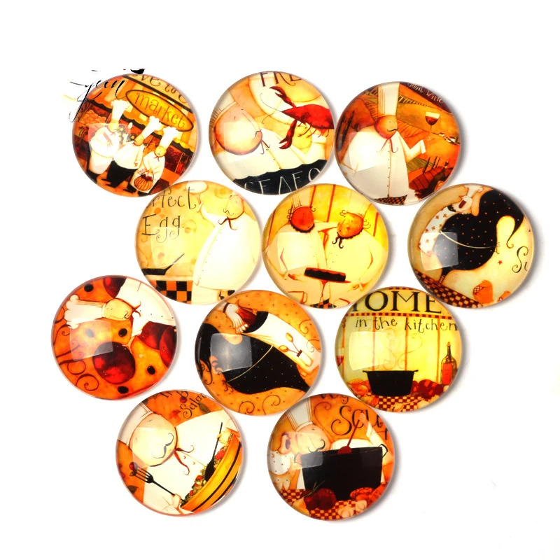 

10 Pcs Random Mix Cartoon Chef Pattern DIY Glass Patch Dome Flat Back Round Glass Cabochon Necklace Jewelry Findings Wholes