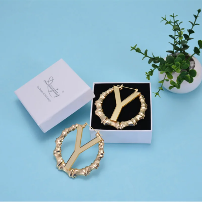 DUOYING Fashion Name Earring Bamboo Hoop Earrings Sexy Custom Earring Personalized Gold Round Earring Statement for Women Gifts