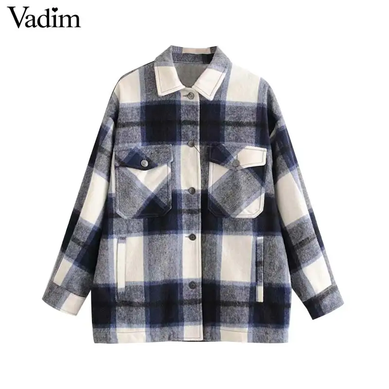 

Vadim women elegant oversized plaid jacket long sleeve pockets loose style coats female office wear casual basic tops CA624