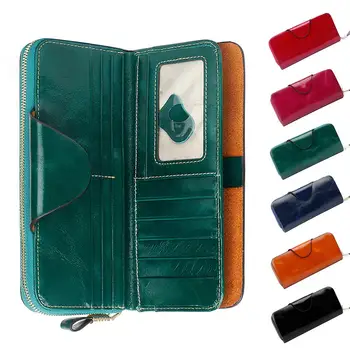 

Clearance Fashion Women's Blocking Large Capacity Business Wax Genuine Leather Long Wallet Solid Zipper Hasp Unisex Wallet