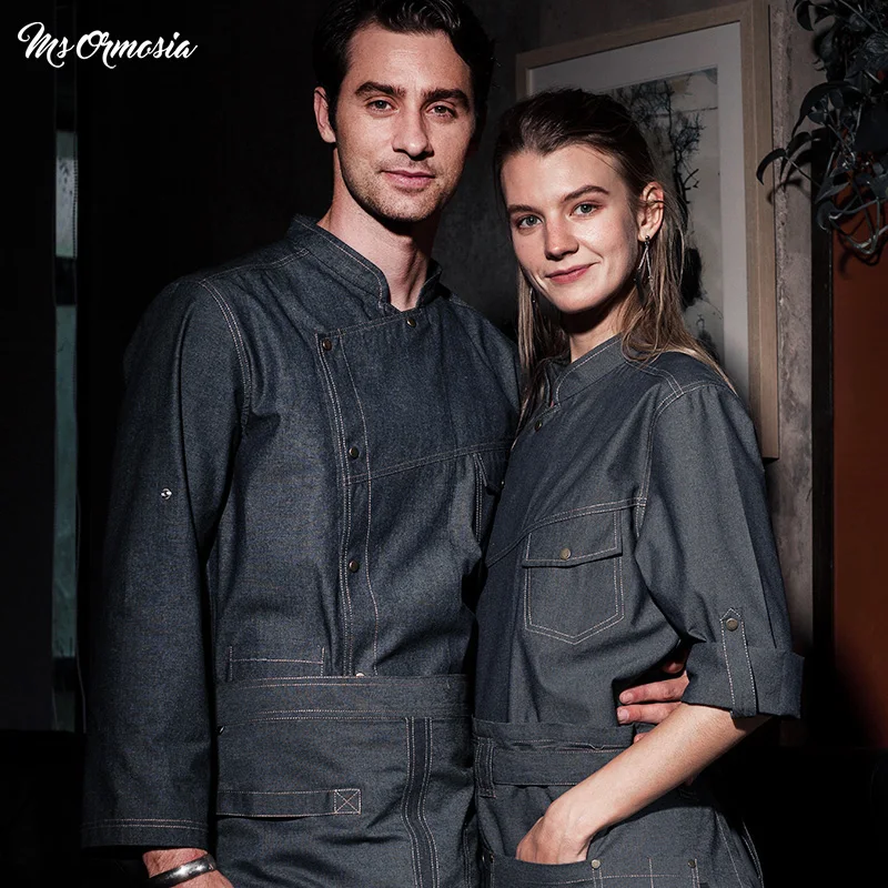 

MSORMOSIA manga longa restaurante chef jaquetas comida serive unisex casual azul denim tecido uniforme do hotel roupas chef