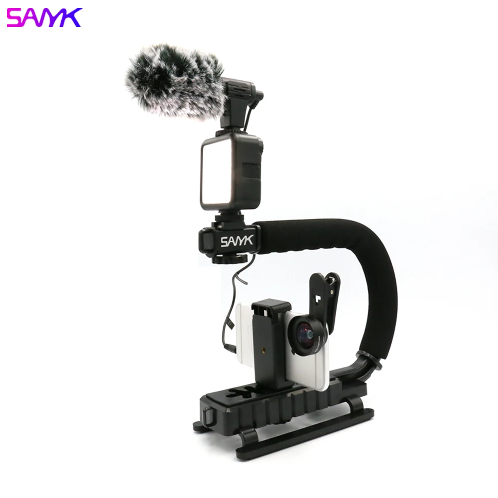 Sanyk-estabilizador de Vídeo para Câmera de Celular Estabilizador de Vídeo Incluindo o Microfone com Luz de Preenchimento de Led em Forma de u de u - Image 6