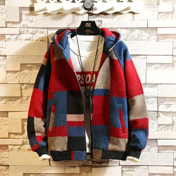 

Autumn Winter Hooded Woolen Coat Men Fashion Retro Casual Tartan Woolen Jacket Men Streetwear Wild Loose Overcoat Clothes M-5XL