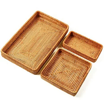 

Hot Sale Set Of 3 Handmade Rattan Rectangle Serving Tray Wicker Serving Organizer Tabletop Fruit Platter