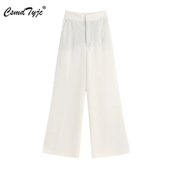 

Women Chic Office Wear Wide Leg Pants Pockets High Waist Zipper Fly Female White Trousers Pantalones
