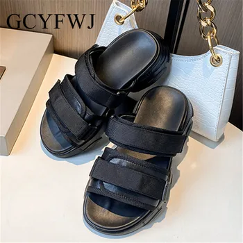 

GCYFWJ Women Slippers Genuine Leather 2020 The New Thick Bottom Buckle Solid Color Slides Female Shoes Klapki Damskie Na Lato