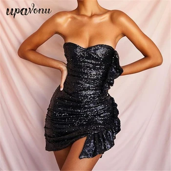 

UpAvonu Sexy Sequin Club Party Dress Women Off Shoulder Ruffle Split Back Zipper Short Mini Dresses Elegant Bodycon Vestidos