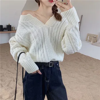 

2020 Autumn & Winter New Arrival V-neck Temperament Off-shoulder Sweater Top Women Loose Long-sleeved Sweater Free Shipping