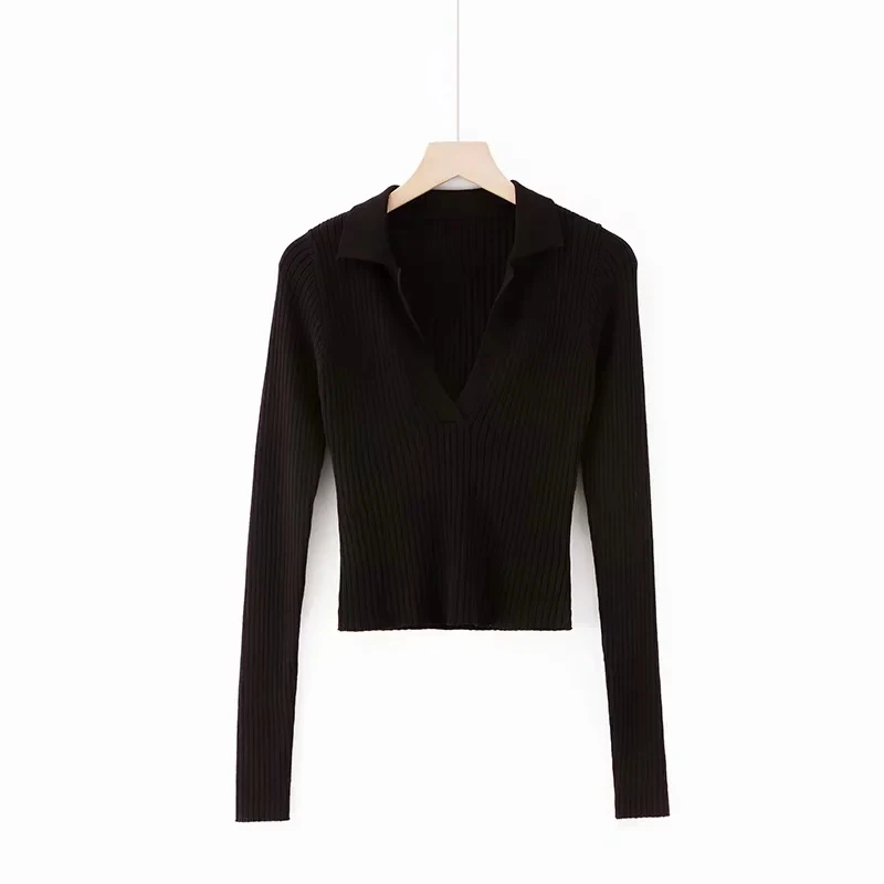 long sleeve black Осенний Белый Зеленый Поло mujer сексуальный короткий топ с длинным рукавом Женские Обрезанные Топы Рубашки поло уличные винтажные вязаные топы - Цвет: long sleeve black