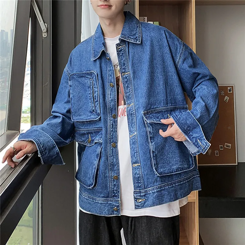 

Denim Jacket Men Fashion Washed Casual Multi-pocket Tooling Denim Jacket Coat Man Streetwear Hip Hop Loose Bomber Jacket Men
