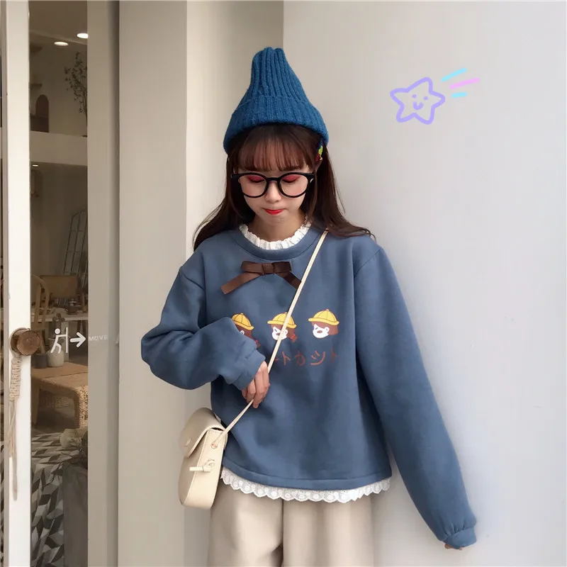 Lychee, Harajuku, японская девушка, жабо, бант, женские флисовые толстовки с круглым вырезом, свободные женские пуловеры, весна, осень, зима, женские топы
