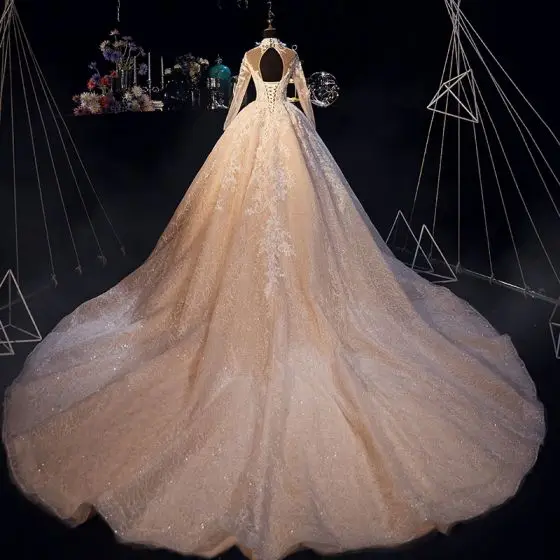 Robe De Mariee роскошное блестящее свадебное платье цвета шампань с высоким воротом принцесса кружева длинный рукав свадебное платье с открытой спиной