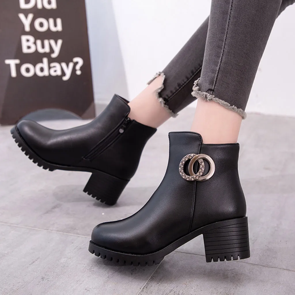 Women's Fashion Ankle Boots Woman Platforms Winter Leather Boot Square Heels Shoes Female Ladies Round Toe Zipper Shoes Footwear