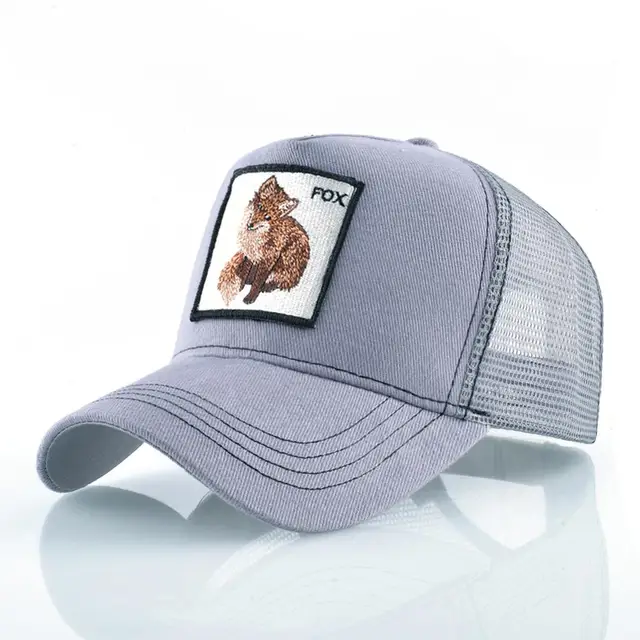 Fashion Animals Embroidery Baseball Caps Men Women Snapback Hip Hop Hat Summer Breathable Mesh Sun Gorras Unisex Streetwear Bone Gray Fox