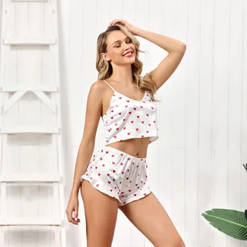 

Summer V-Neck Satin Pajamas Sets Women Sexy Lingerie Sleepwear Vest+Shorts Print Babydoll Lace Pajamas Set For Women Underwear