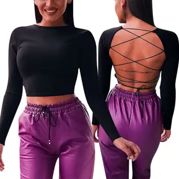 

street style sexy backless hollow out Bandage top slim turtleneck t-shirt crop top trend full sleeve tee femme