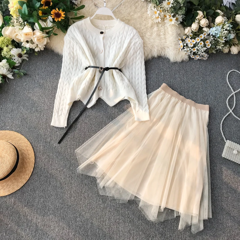 

Sweater Set Autumn New Twisted Irregular Long-sleeved Knit Cardigan Jacket With Belt 2 Piece Mesh Fluffy Skirt Set Women