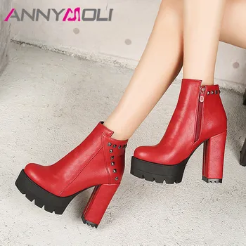 

ANNYMOLI Platform Ankle Boots Extreme High Heel Woman Boots Chunky Heel Short Boots Rivet Zip Ladies Shoes Autumn Winter Red 43