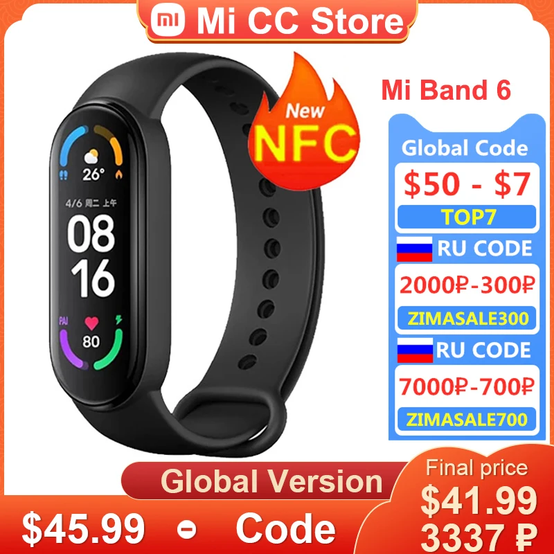  Умный Фитнес-браслет Xiaomi Mi Band 6 NFC с функцией измерения пульса и уровня кислорода в крови 