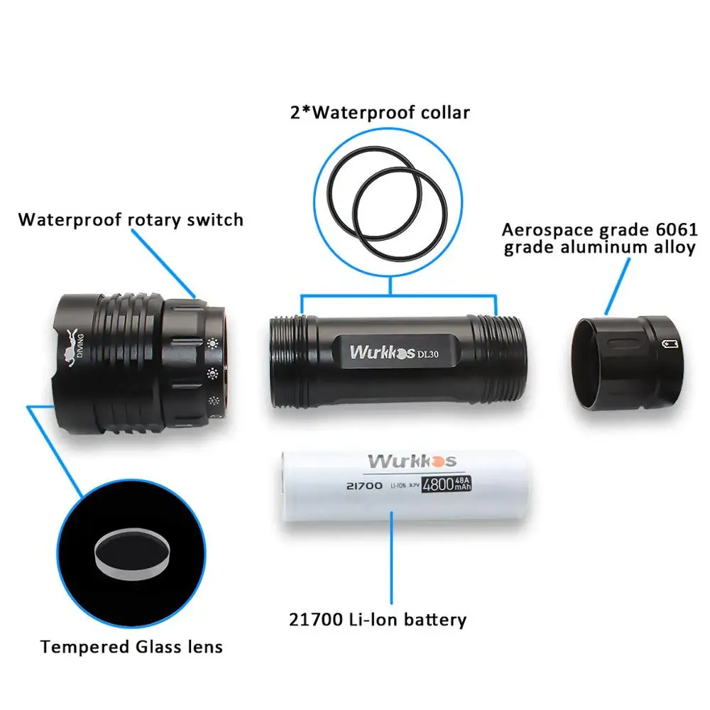 US $39.99 DL30 3600lm LED Flashlight Underwater Scuba Diving Lantern 3 LH351D High CRI Flashlight With Magnetic Ring Switch