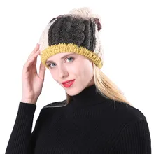 Для женщин зимняя шапка шапочка с помпоном шапка бини шапка-собачка כובעים лоскутное вязаное Кепки Twist с маленькими пушистыми помпончиками для зимние толстые теплые головные уборы Skullies# H